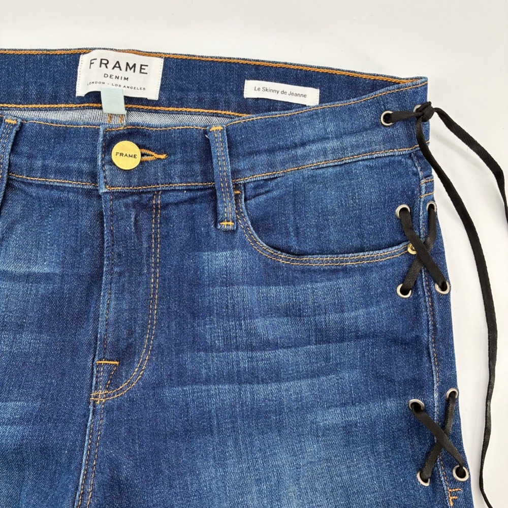 FRAME Le Skinny De Jeanne Lace Up Side Tie Jeans Raw Hem Size 30